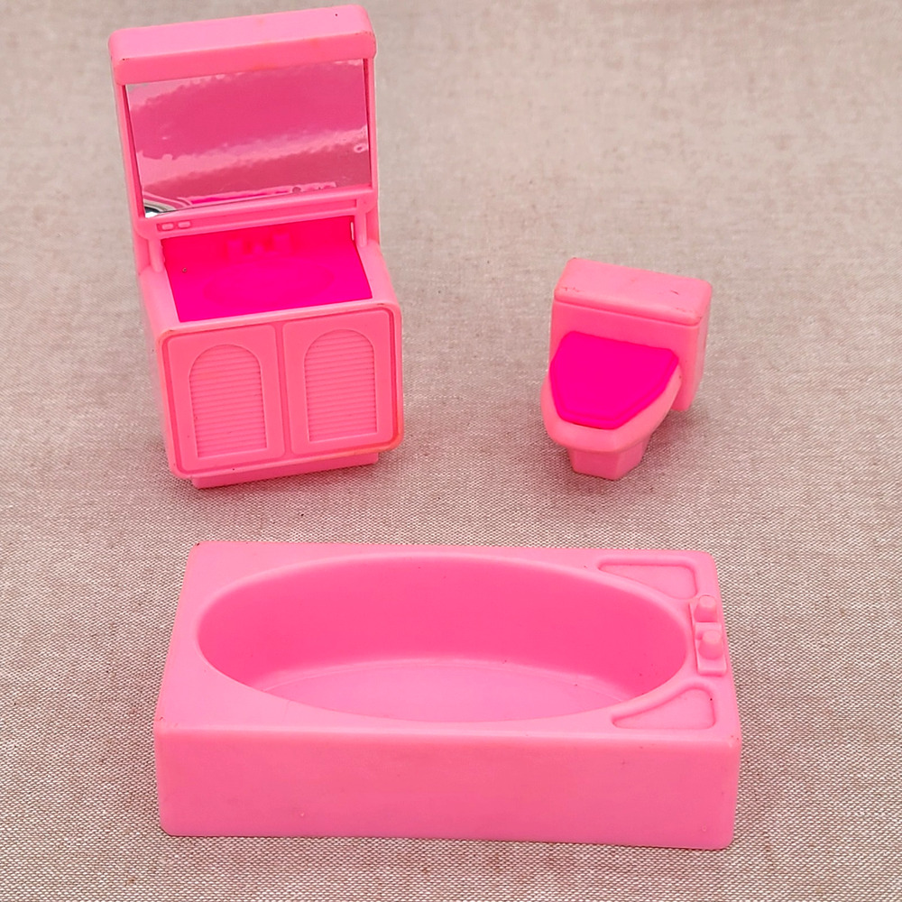 Vintage Arco Toys Bathroom Dollhouse Furniture Set of 3 pieces - Pink